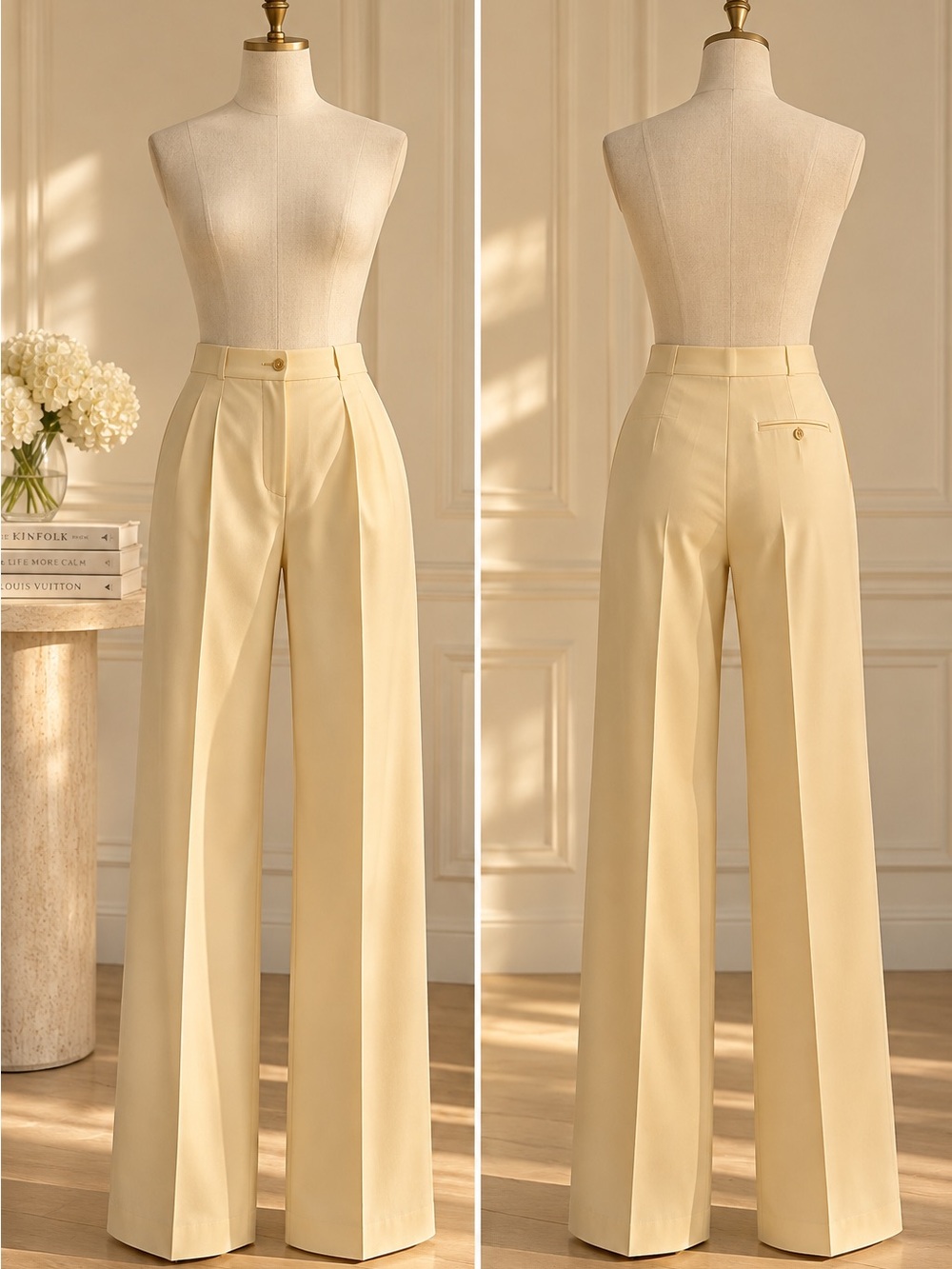 Luxury High Rise Pleated Wide Leg Trousers Old Money Champagne Tailored M/L Vntg